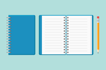Closed and open notebook with pencil isolated on background. Flat style vector illustration.