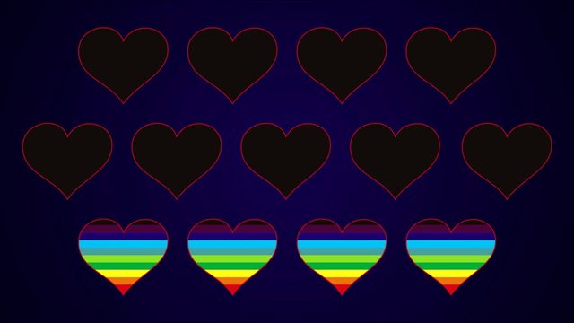 12 colorful rainbow hearts on black and blue against a dark background. Artistic background. The process of drawing. Video.