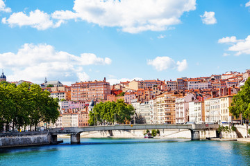 Naklejka premium Cityscape of Lyon with La Feuillce bridge, France