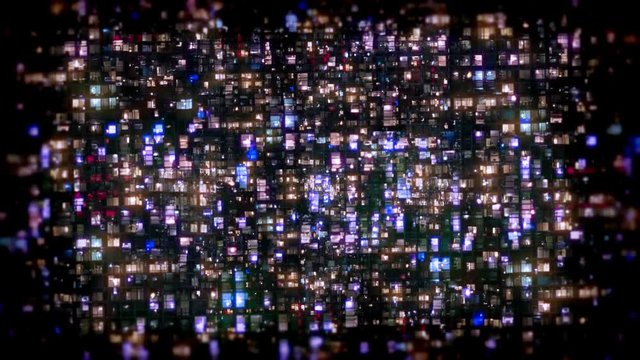 Chaotic apartment building windows, abstract glitch background blur vignette dark.