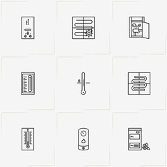 House Climate line icon set with thermometer, boiler and warm floor