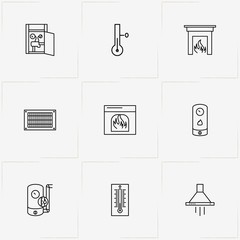 House Climate line icon set with fireplace, boiler and thermometer