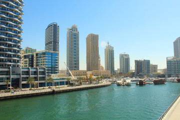 United Arab Emirates. Dubai Marina Canal. View of the city. Panorama. Background. Spring, March, 2018.