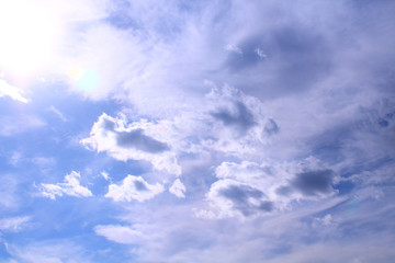 A beautiful cloudy sky, cumulus clouds and scorching sun. Background. Landscape.