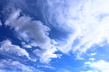 A beautiful cloudy sky, cumulus clouds and scorching sun. Background. Landscape.