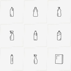 Household Chemicals line icon set with sponge and household chemicals