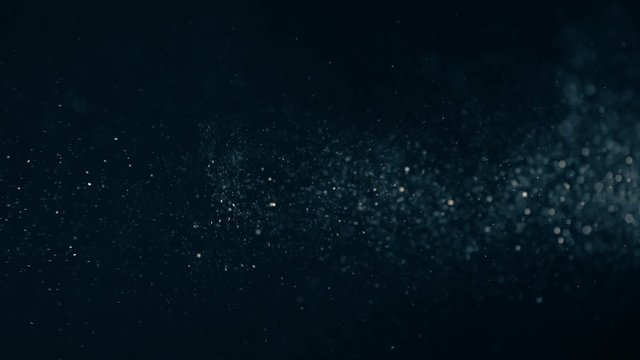 Natural Organic Dust Particles Floating On Black Background. Dynamic Dust Particles Randomly Float In Space With Fast And Slow Motion. Shimmering Glittering Colored Particles With Bokeh In The Air.