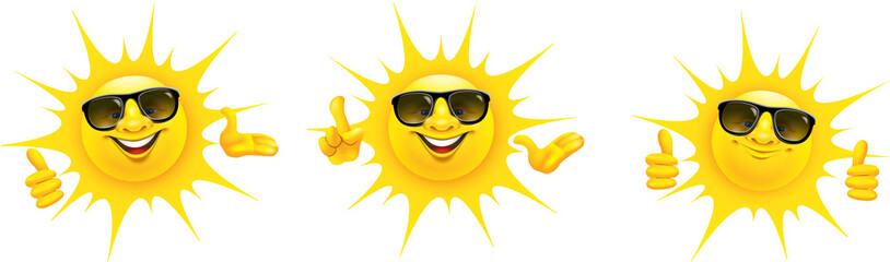 Cartoon Sonne mit Sonnenbrille und Hand Gesten - Set, Daumen hoch, Top, präsentieren, OK