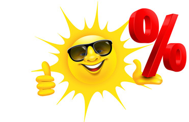 Cartoon Sonne mit Sonnenbrille hält Prozent Zeichen und Daumen hoch