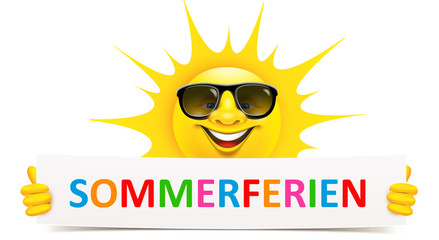 Cartoon Sonne mit Sonnenbrille hält Banner - Sommerferien