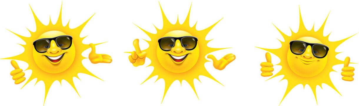 Cartoon Sonne mit Sonnenbrille und Hand Gesten - Set, Daumen hoch, Top, pr&auml;sentieren, OK