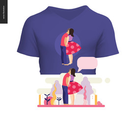 Kissing scene - flat cartoon vector illustration of young couple, boyfriend and girlfriend, kissing, romantic scene, trees, plants, leaves, houses, message bubble, blue t-shirt design - composition