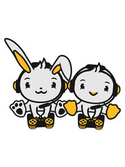 2 freunde team paar huhn vogel küken controller spielen zocken konsole häschen hase kaninchen spaß niedlich kopfhörer mikrophon kopf logo design pro gamer headset