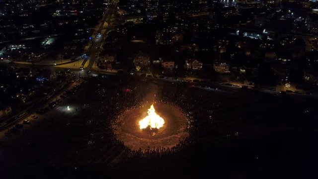 Aerial view of bonfire and celebration in Reykjavik on New years eve 