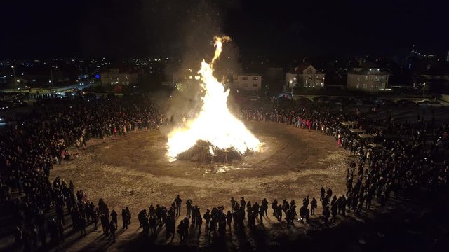 Aerial view of bonfire and celebration in Reykjavik on New years eve 