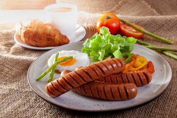 Breakfast, coffee, sausage and vegetables