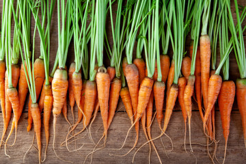 Fresh carrots on wooden floor