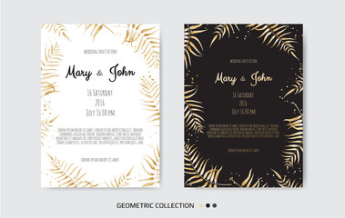 Vintage wedding invitation templates. Cover design with gold leaves ornaments.