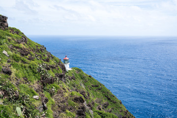 Fototapeta na wymiar Lighthouse on Mountain Cliff Side Overlooking Ocean