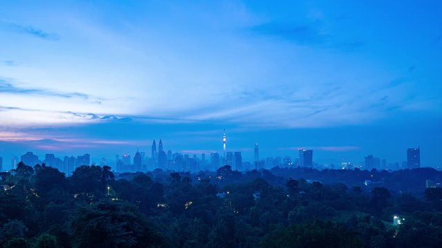 4K Time lapse of cloudy sunrise over downtown Kuala Lumpur, Malaysia. Zoom In