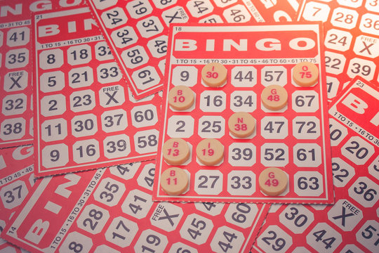 Business Success Concept : Red bingo card with red chip isolated on white background.