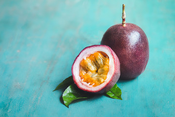 Passion fruit and passion fruit juice In 
sky blue background