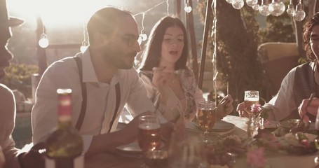 Friends and couples eating mediterranean lunch at rustic mountain cottage - Powered by Adobe