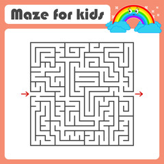 Black square maze with entrance and exit. With a cute cartoon of a rainbow. Simple flat vector illustration isolated on white background.