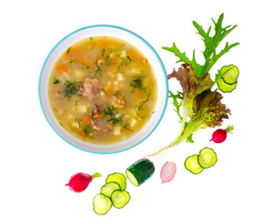 Hot vegetable soup with chicken meat
