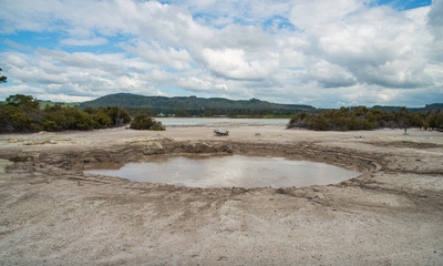 The hot mud pool near the shore of lake Rotorua, New Zealand.