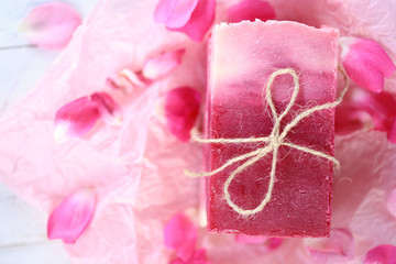 Pink handmade soap with rose extract. cosmetics with rose extract.