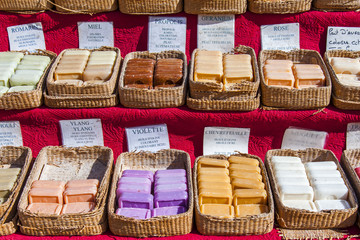 Aix-en-Provence, FRANCE, on March 6, 2018. Traditional souvenirs from Provence soap from natural...