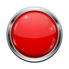 Red button with chrome frame. Round glass shiny 3d icon