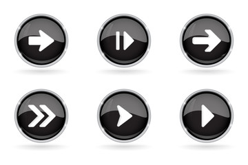 Black buttons with chrome frame. Round glass shiny 3d icons with arrows