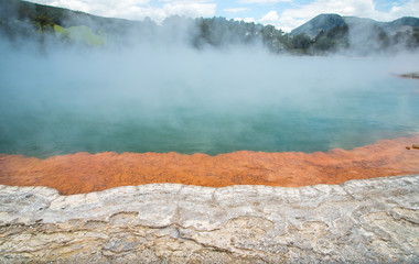 Champagne pool an iconic tourist attraction of Wai-O-Tapu the geothermal wonderland in Rotorua, New Zealand.