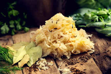 Sauerkraut as the best probiotic in the world. Homemade sauerkraut pickling. - obrazy, fototapety, plakaty