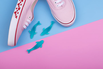 Fashion Trendy Sneakers with Heart. Pastel Pink Blue Color. Jellies candies sharks. Valentines day concept