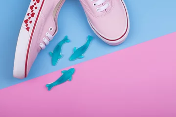 Foto op Canvas Fashion Trendy Sneakers with Heart. Pastel Pink Blue Color. Jellies candies sharks. Valentines day concept © Saulius