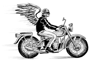 Fototapeta na wymiar Ink black and white drawing of a winged biker on vintage motorcycle