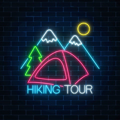 Neon hiking tour sign with tent, bonfire, mountains and spruce. Glowing web banner for summer camp