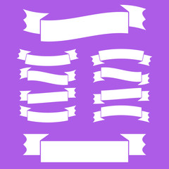 Obraz premium A set of white ribbon banners. With space for text. A simple flat vector illustration isolated on a purple background. Suitable for infographics, design, advertising, holidays, labels.