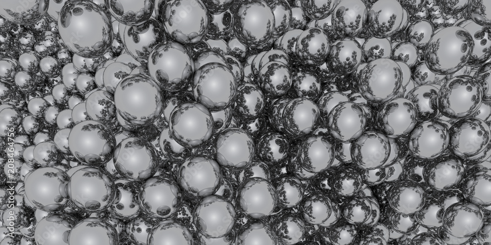 Poster Abstract of chrome sphere balls are scattered as background.3d rendering