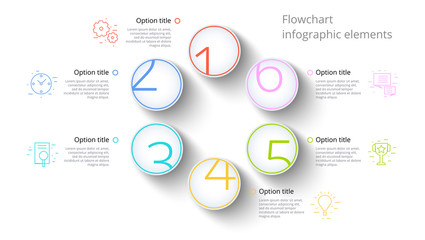 Business process chart infographics with 6 step segments. Circular corporate timeline infograph elements. Company presentation slide template. Modern vector info graphic layout design.