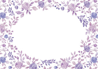 Watercolor purple flower and plant border white paper background