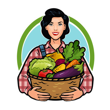 Girl or farmer holding a basket full of fresh vegetables. Healthy food, agriculture, farm concept. Cartoon vector illustration