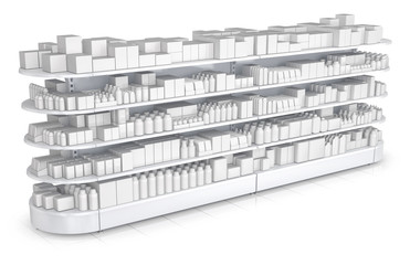 Shelves with blank goods in the store. Set of 3d images isolated on white.