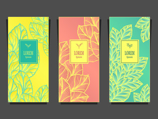 Naklejka premium Set Template for package or flyer from Luxury background made by foil leaves in yellow blue pink peachy for cosmetic or perfume or for package of tea or for alcohol label or for brand book