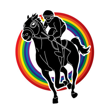Jockey riding horse, hose racing designed on line rainbows background graphic vector.