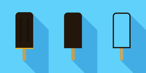 Chocolate popsicle in different formats increasingly simplified. Flat design style. Long shadow.