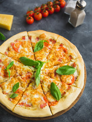 Tasty pizza with bacon, cheese and tomato on dark background. Closeup view. Delicious food